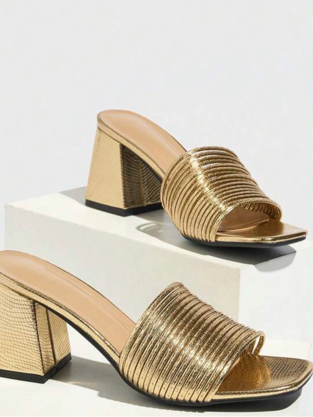 Gold Metallic Ribbed Block Heel Mule - Women